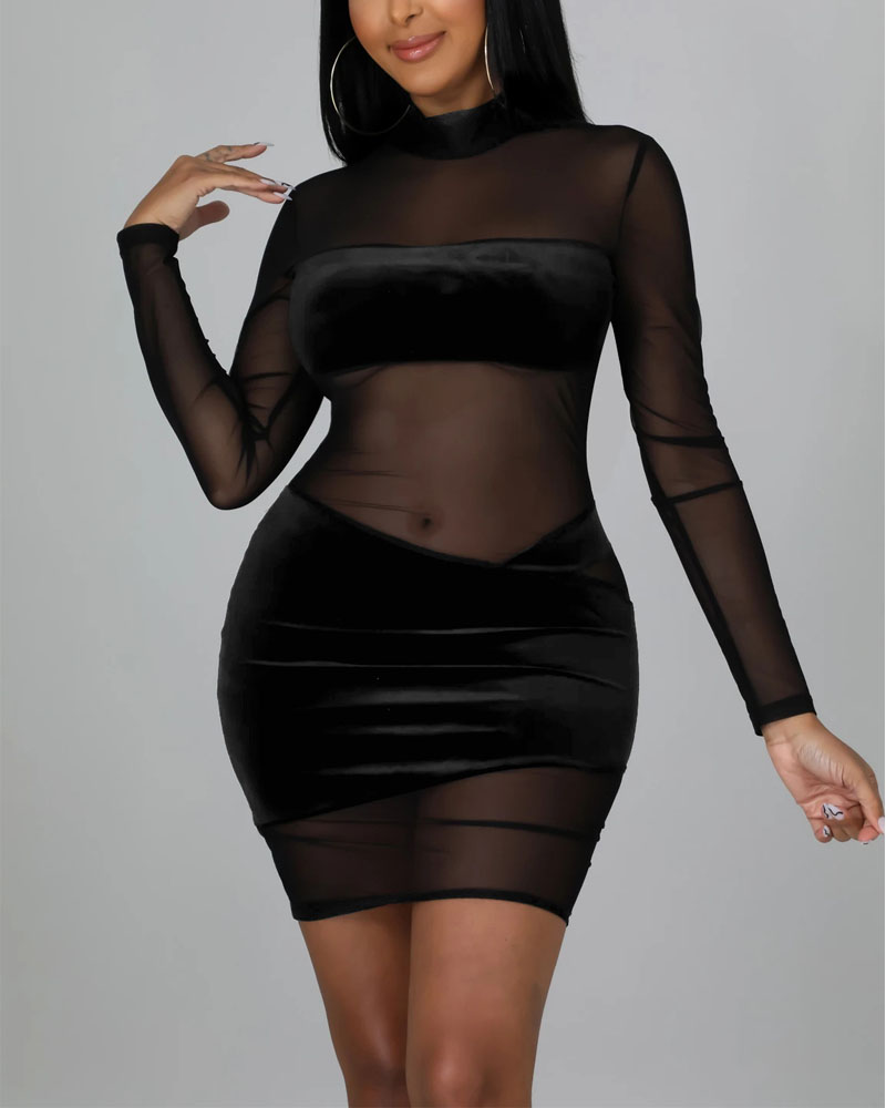 

Velvet Long Sleeve Contrast Mesh Bodycon Dress, Black