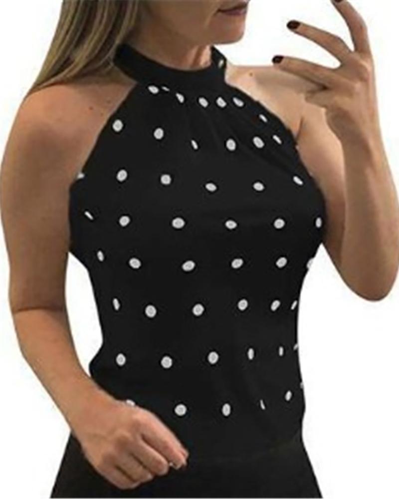 

Polkadot Print Halter Sleeveless Top, Black