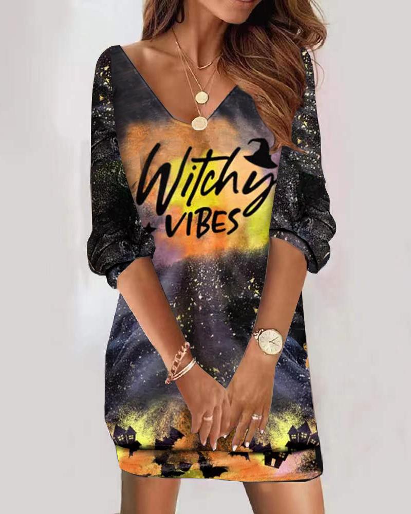 

Halloween Graphic Print V-Neck Casual Dress, Black