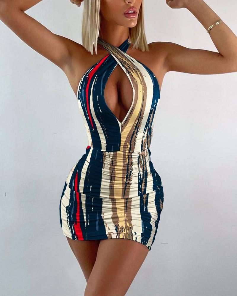 

Abstract Print Halter Cutout Ruched Bodycon Dress, Multicolor