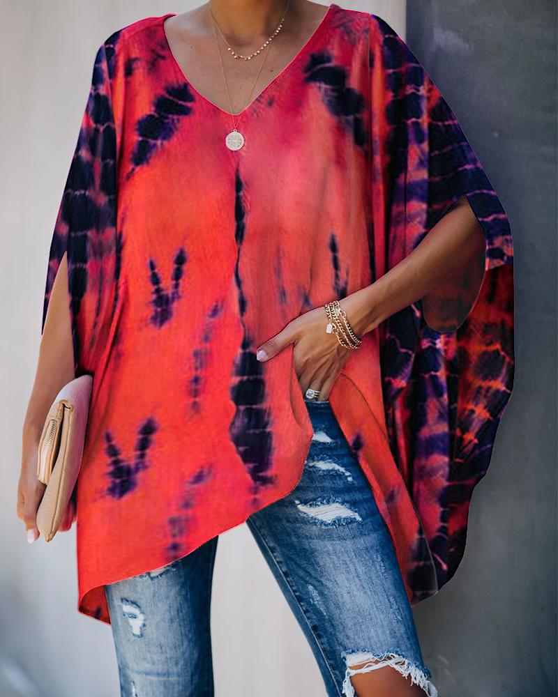 

Tie Dye Print Batwing Sleeve Casual Top, Red
