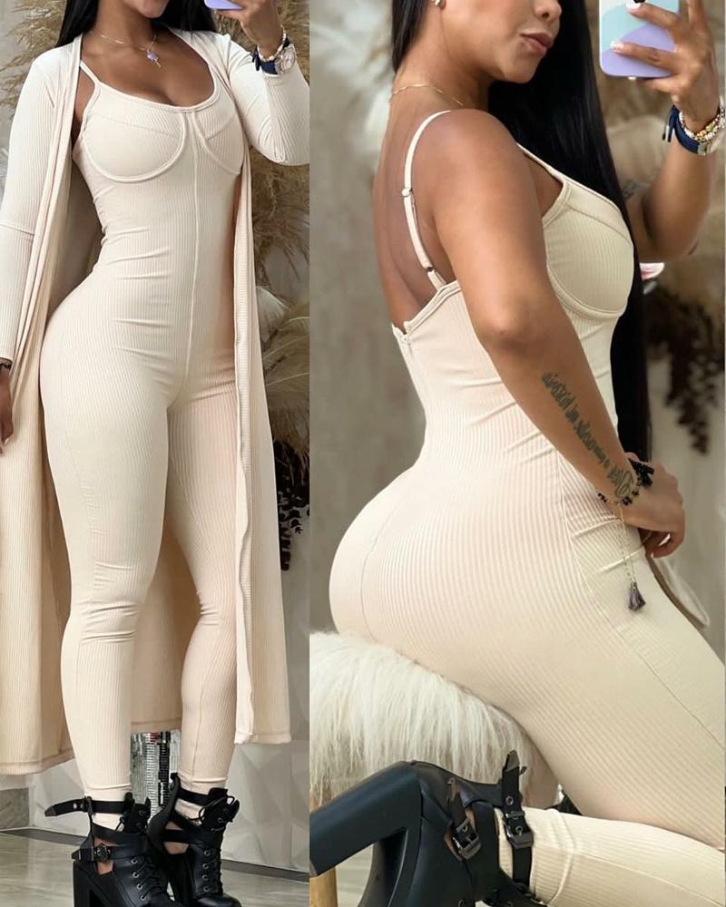 

Spaghetti Strap Jumpsuit With Longline Coat, Apricot