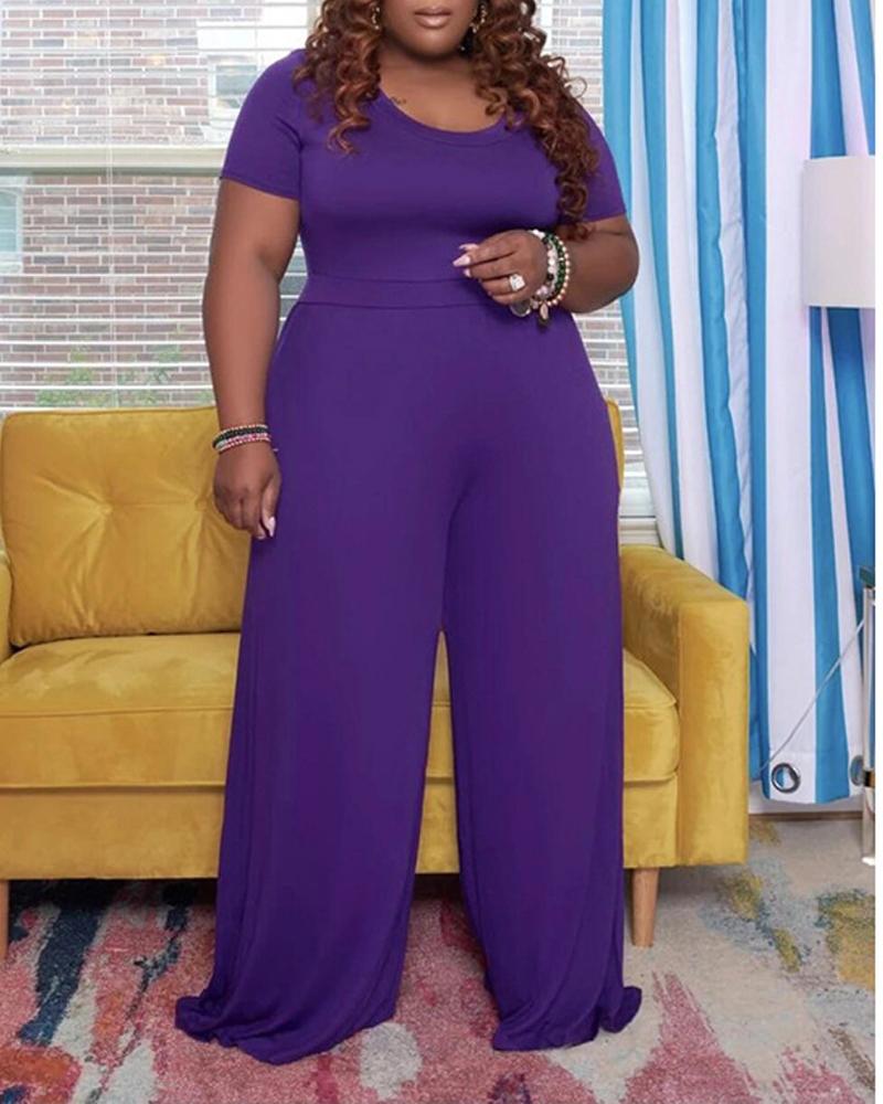 

Plus Size Short Sleeve Wide Leg Jumpsuit, Purple