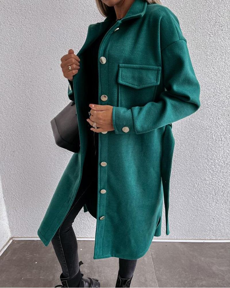 

Long Sleeve Button Down Belted Coat, Green
