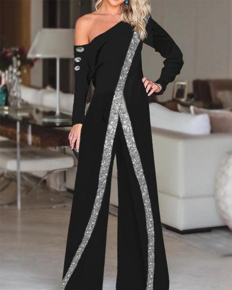 

Contrast Paneled Long Sleeve Jumpsuit, Black