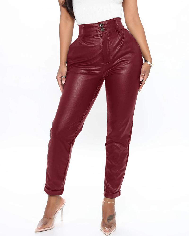 

High Waist Buttoned Skinny Pants, Wine red