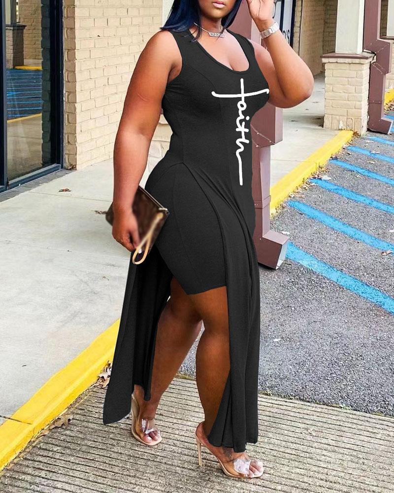 

Letter Print Split Side Longline Top & Shorts Set, Black