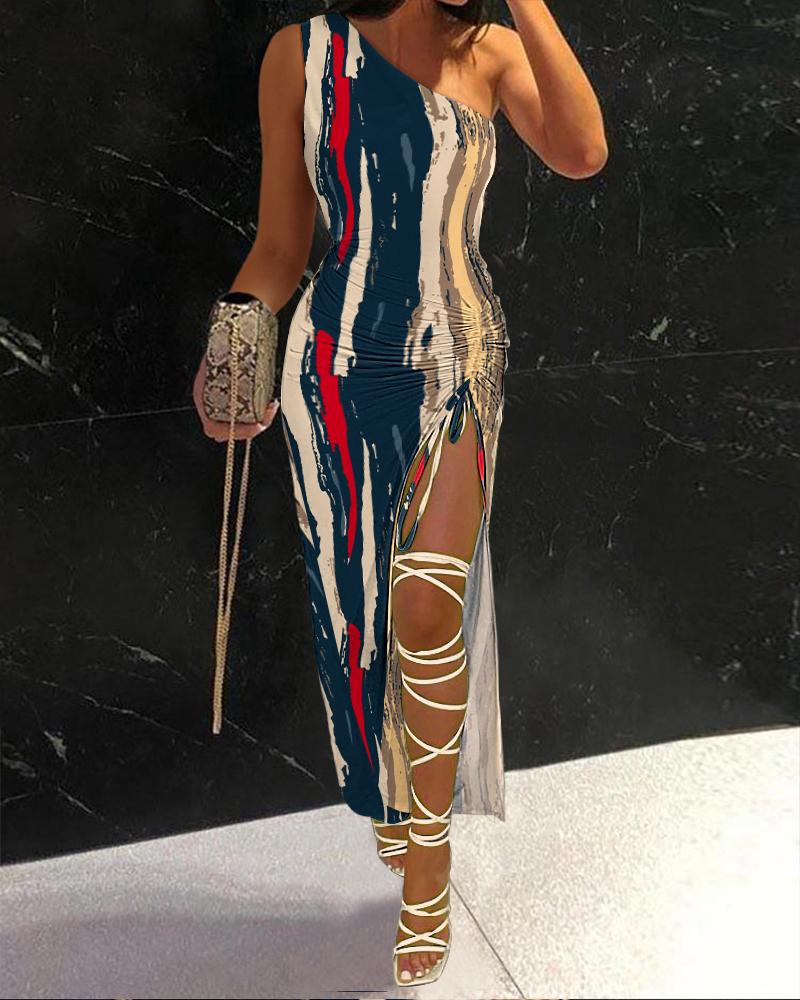 

Striped One Shoulder Drawstring Ruched Split Thigh Bodycon Dress, Multicolor