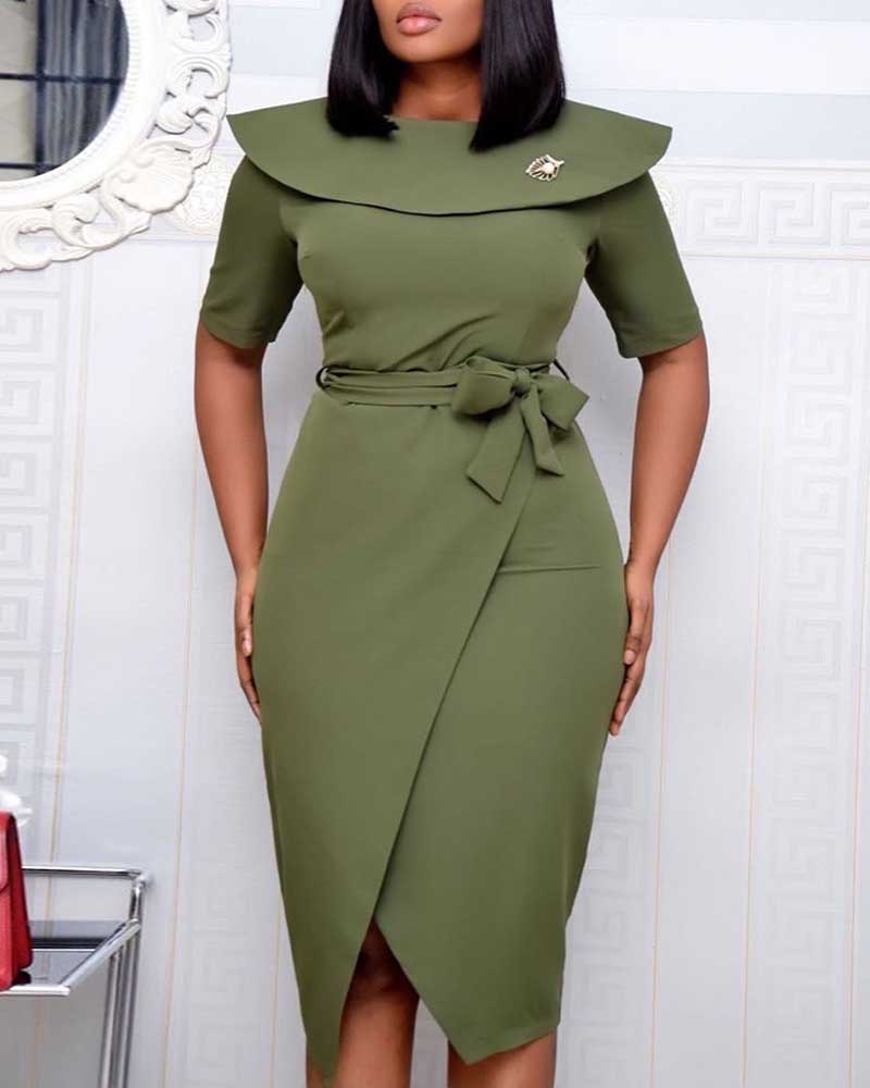 

Tied Detail Half Sleeve Slit Work Dress, Green