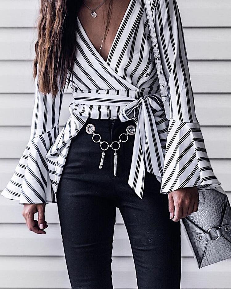 

Contrast Stripes Wrap Belted Flounced Blouse, White