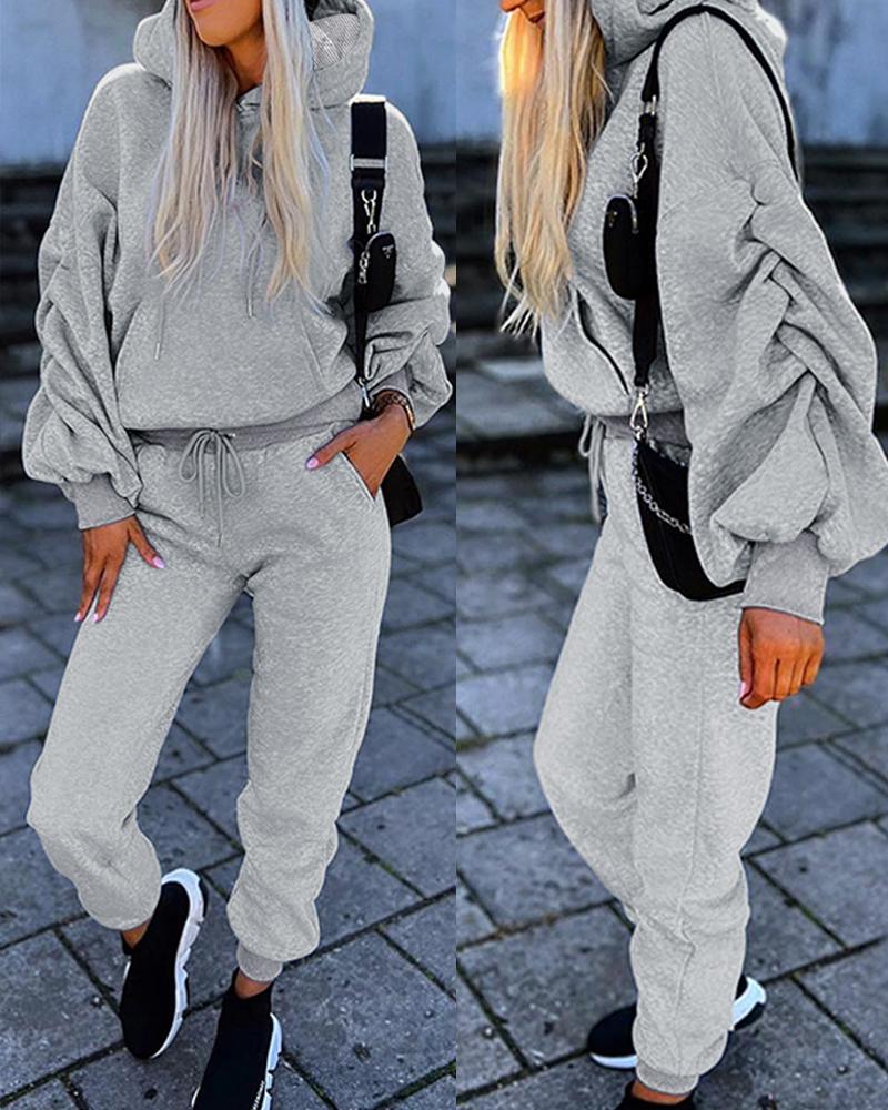 

Pocket Design Ruched Hooded Top & Pants Set, Gray