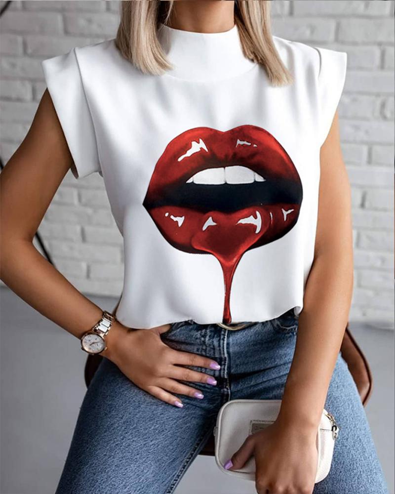 

Lip Print Casual Top, White
