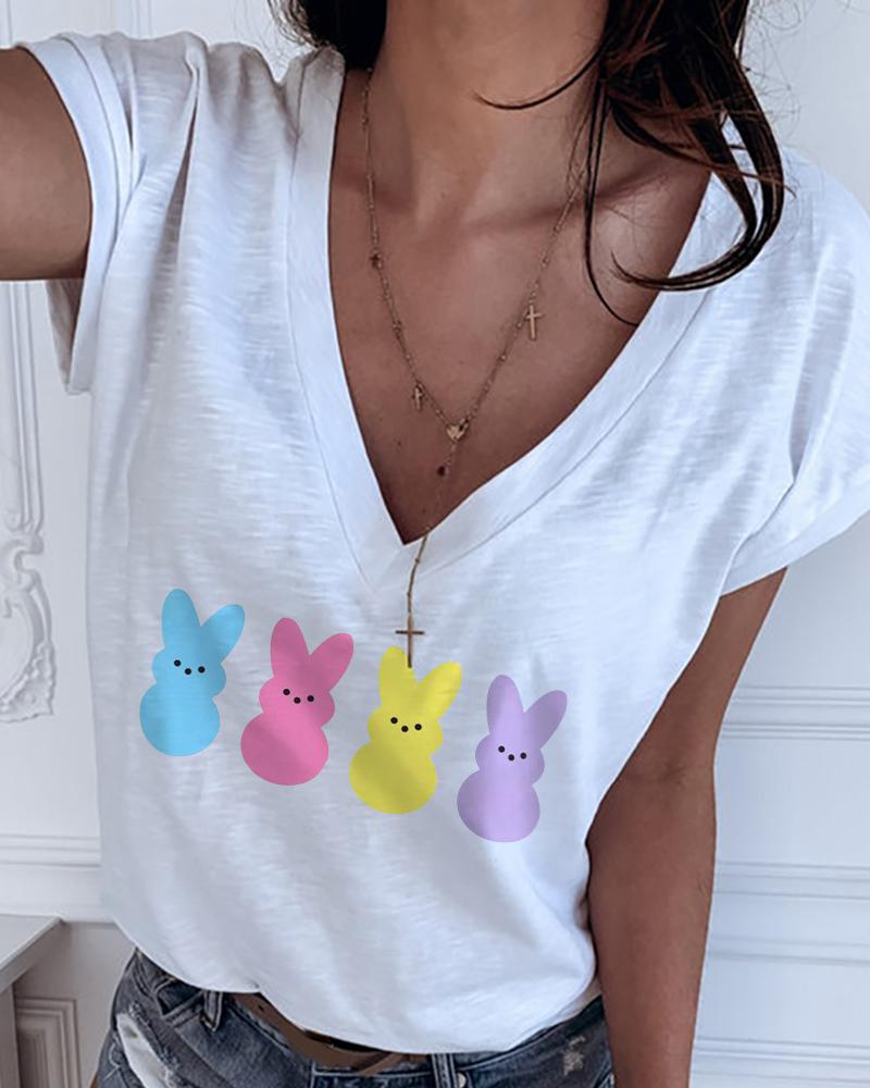 

Happy Easter Bunny Print Casual T-shirt, White