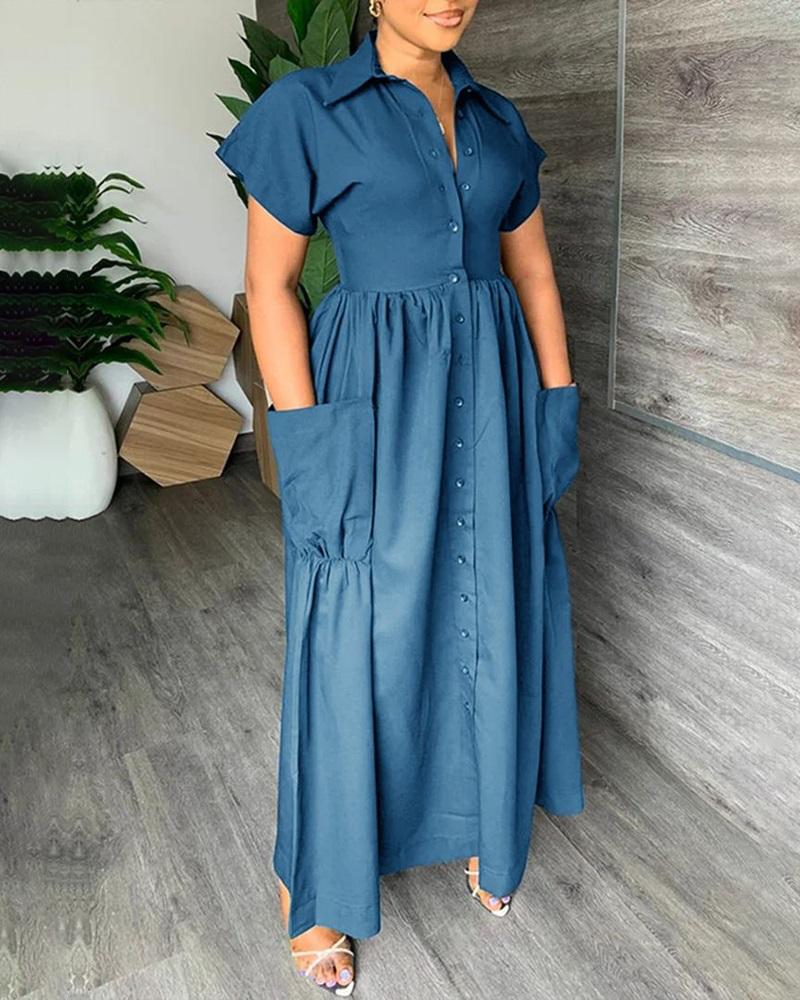 

Button Up Pocket Design Maxi Dress, Blue