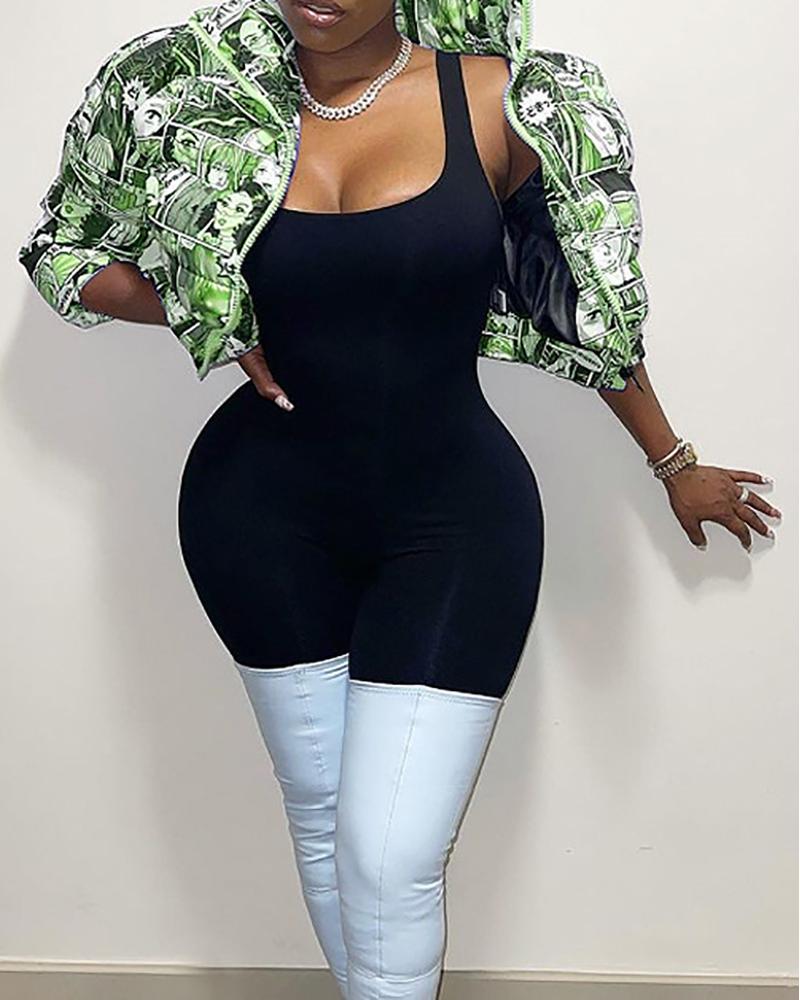 

Cartoon Print Zip Up Long Sleeve Puffer Jacket, Green