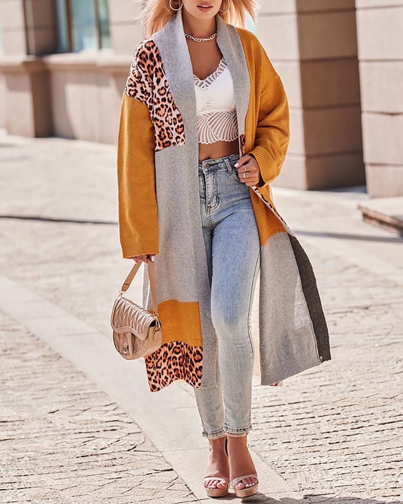 

Cheetah Print Colorblock Longline Cardigan, Yellow