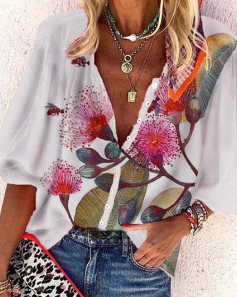

Floral Print Long Sleeve Shirt, White