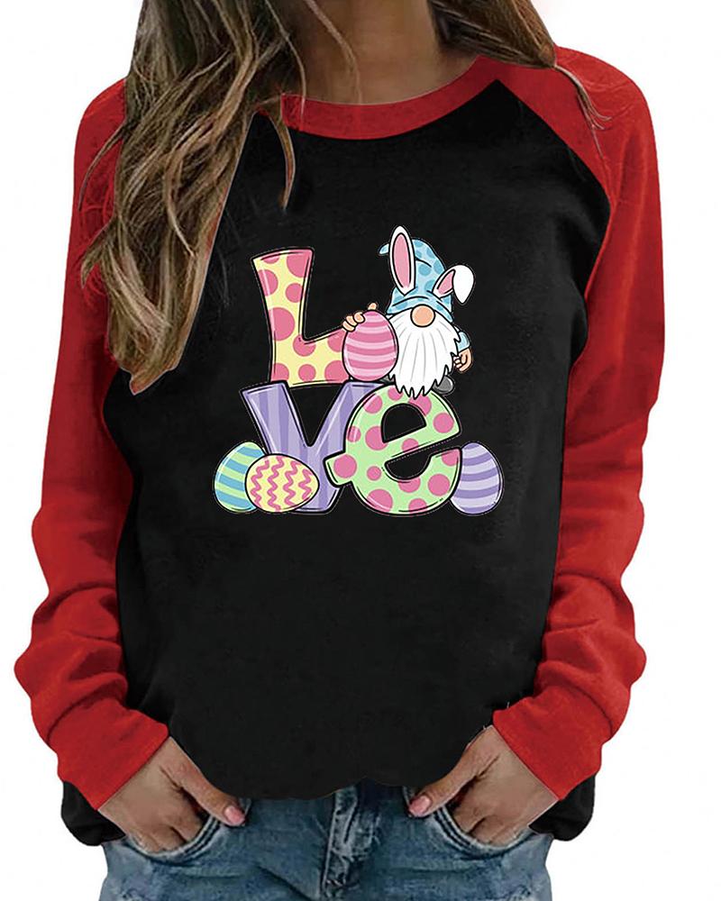 

Valentine' Day O-Neck Colorblock Letter Dwarf Print Top, Black