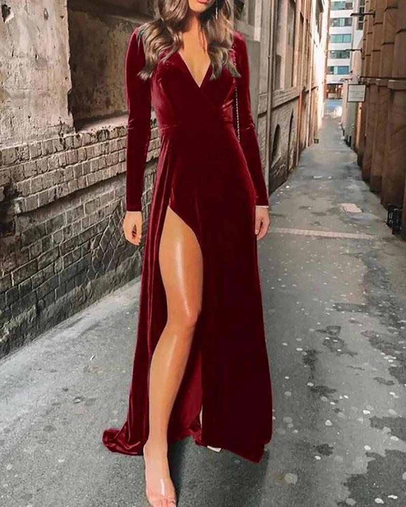 

Split Thigh V Neck Velvet Evening Dress, Wine red