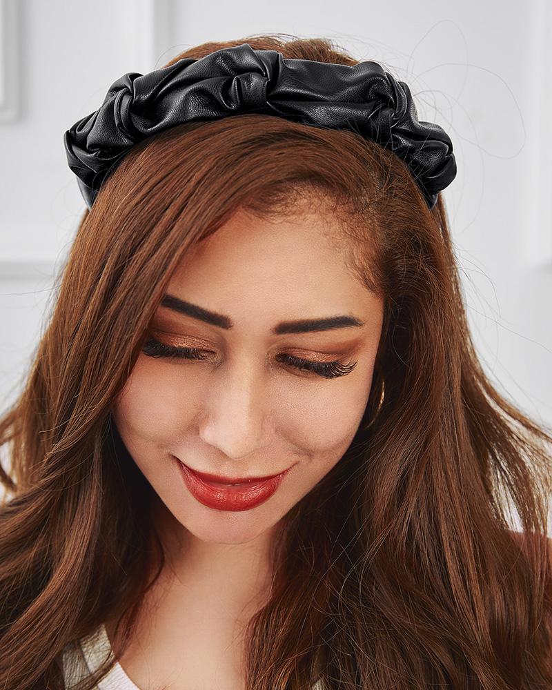 

Ruched PU Leather Wide Hair Hoop Twisted Headband, Black
