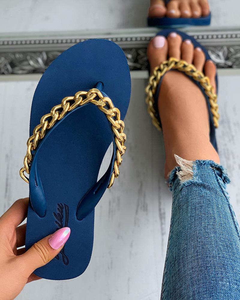 

Chain Decor Casual Filp Flops, Blue
