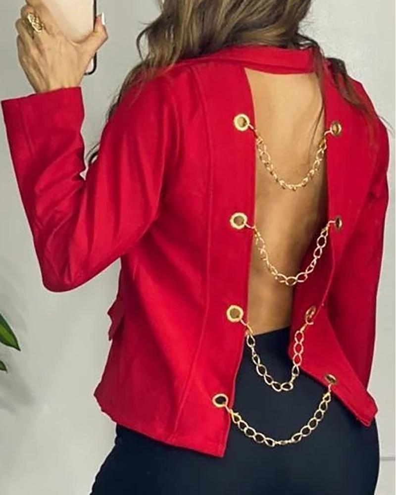 

Eyelet Chain Decor Buttoned Long Sleeve Coat, Red