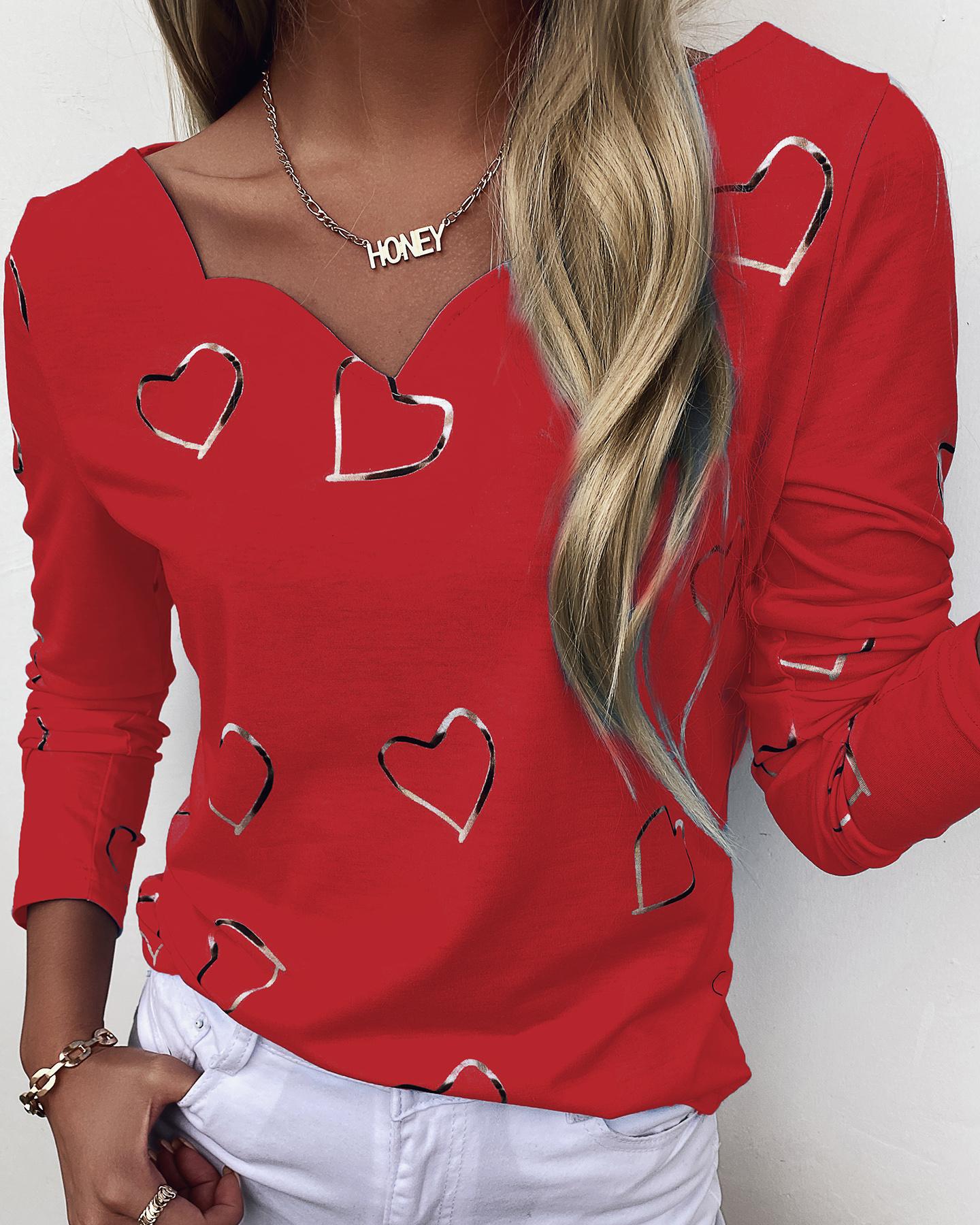 

Heart Print Long Sleeve T-shirt, Red