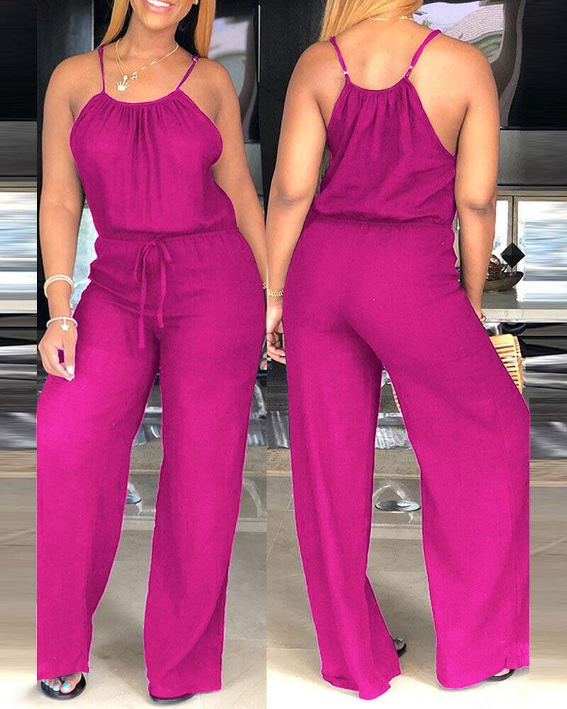 

Plus Size Spaghetti Strap Casual Drawstring Jumpsuit, Hot pink
