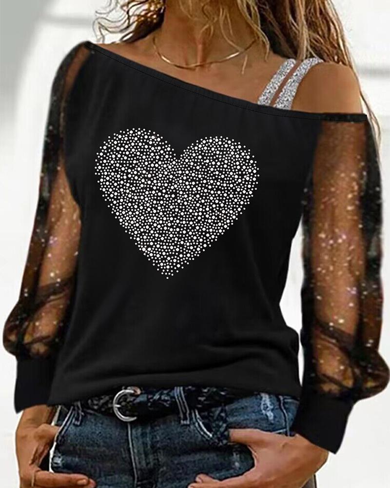 

Haut à patch en maille pailletée à motif coeur en strass, Black