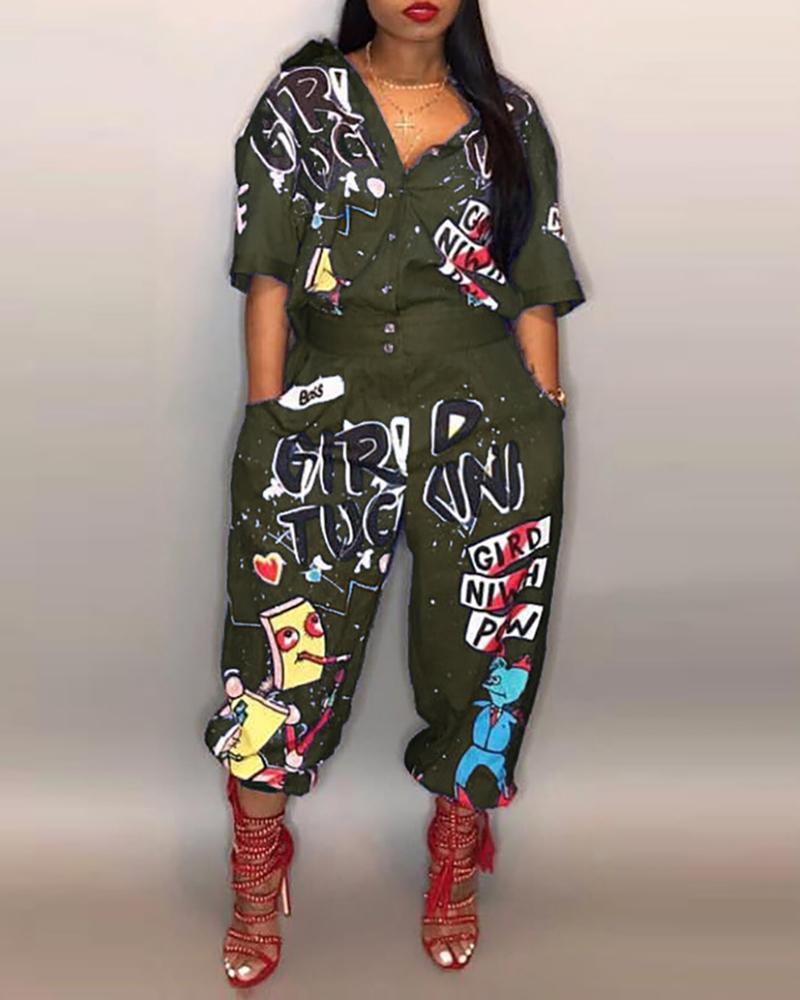 

Cartoon Letter Print Lantern Jumpsuit, Green