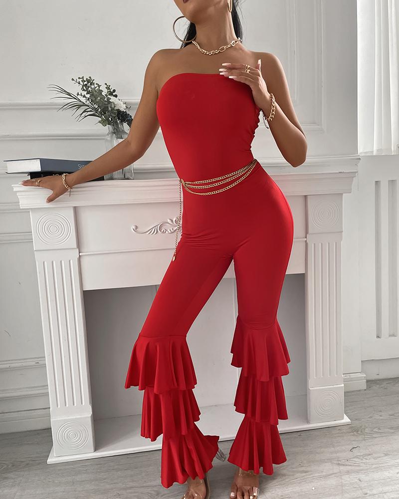 

Layered Ruffles Flared Leg Skinny Tube Jumpsuit, Red