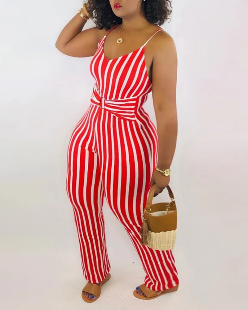 

Striped Print O-Ring Decor Spaghetti Strap Jumpsuit, Red