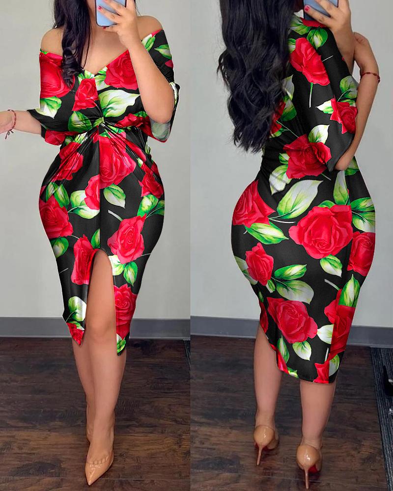 

Twist Design Slit Front Floral Print Dress, Red