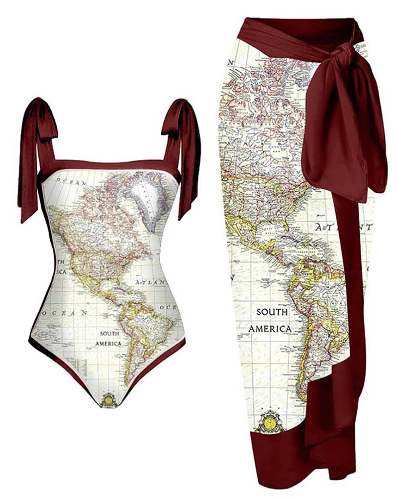 

Map Print Tied Detail One Piece Swimsuit With Cover Up Skirt, Dark red