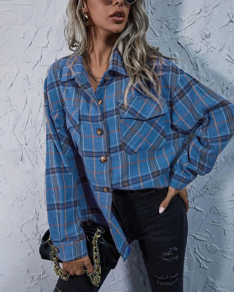 

Plaid Print Flap Detail Button Down Shacket, Blue