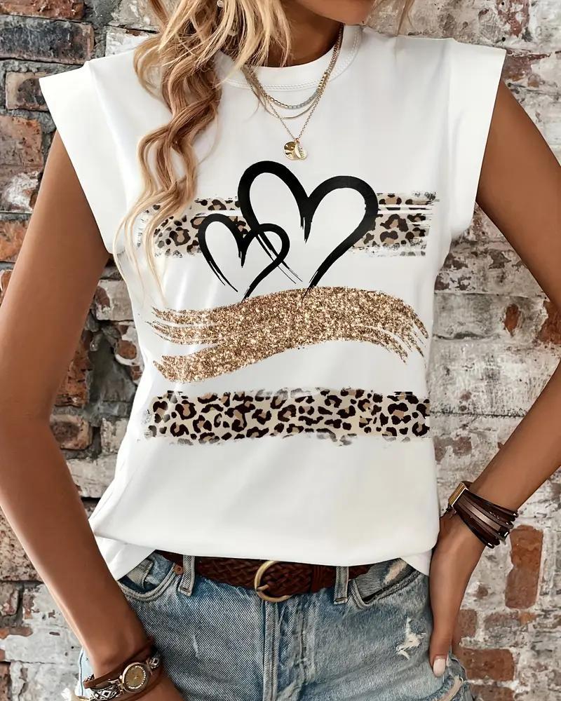 

Camiseta com estampa de leopardo e estampa de coração, manga curta, casual, folgada, regata, White