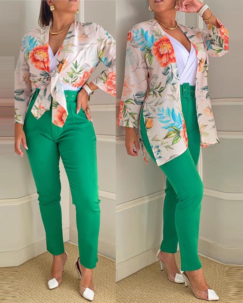 

Floral Print Split Hem Blouse & Belted Pants Set, Green