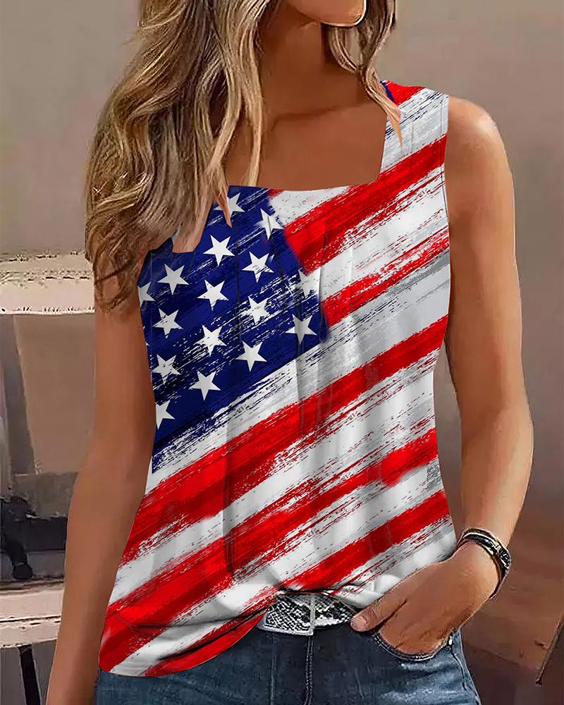 

Independence Day Flag Print Square Neck Tank Top, Blue