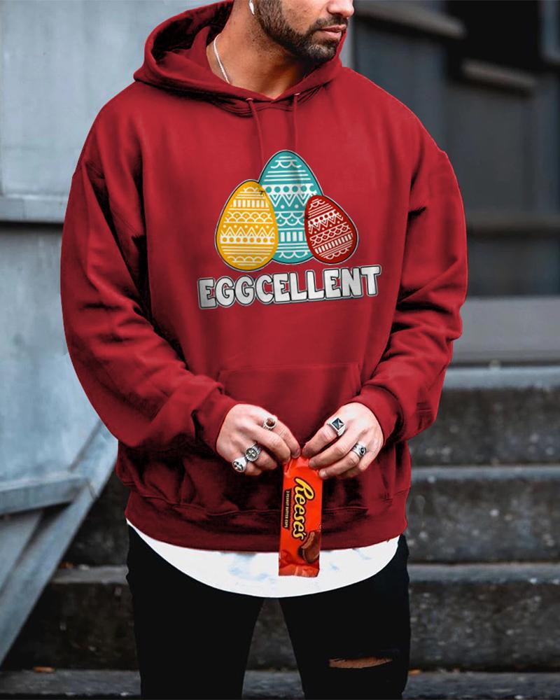 

Easter Day Multicolor Egg Print Long Sleeve Hooded Sweatshirt, Red