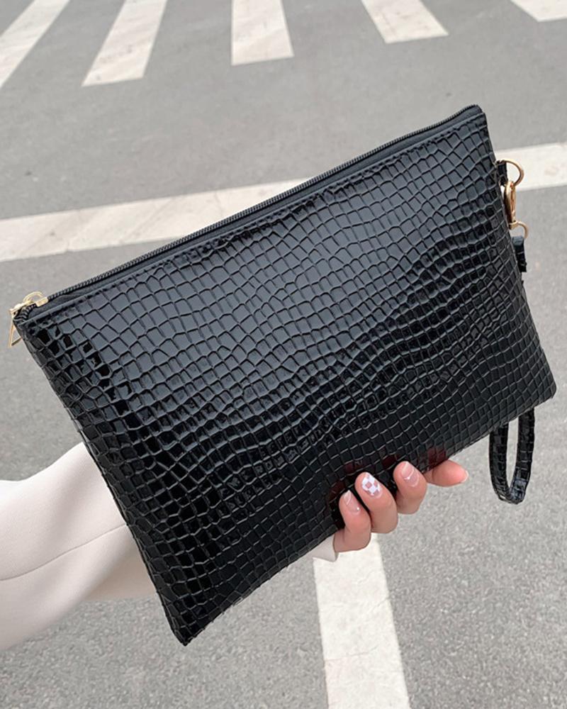 

Crocodile Embossed Envelop Clutch Bag, Black