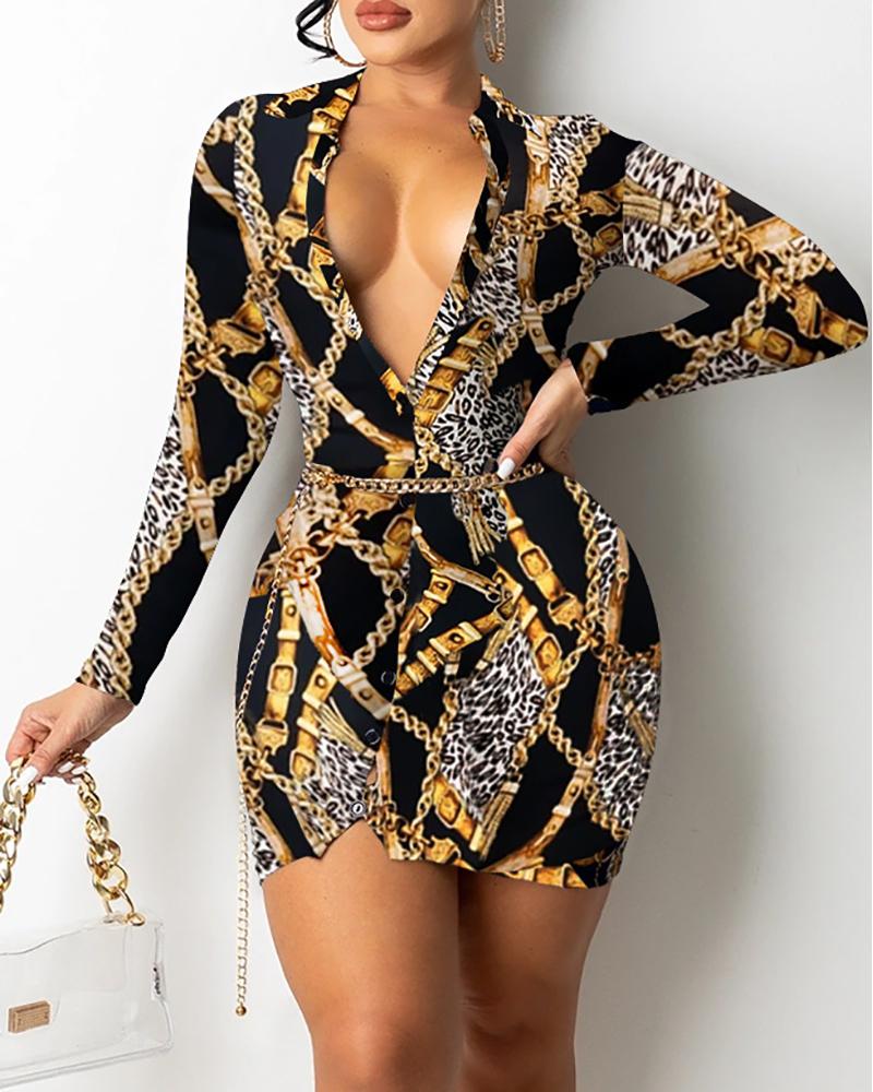 

Scarf Print Button Design Skinny Dress, Black