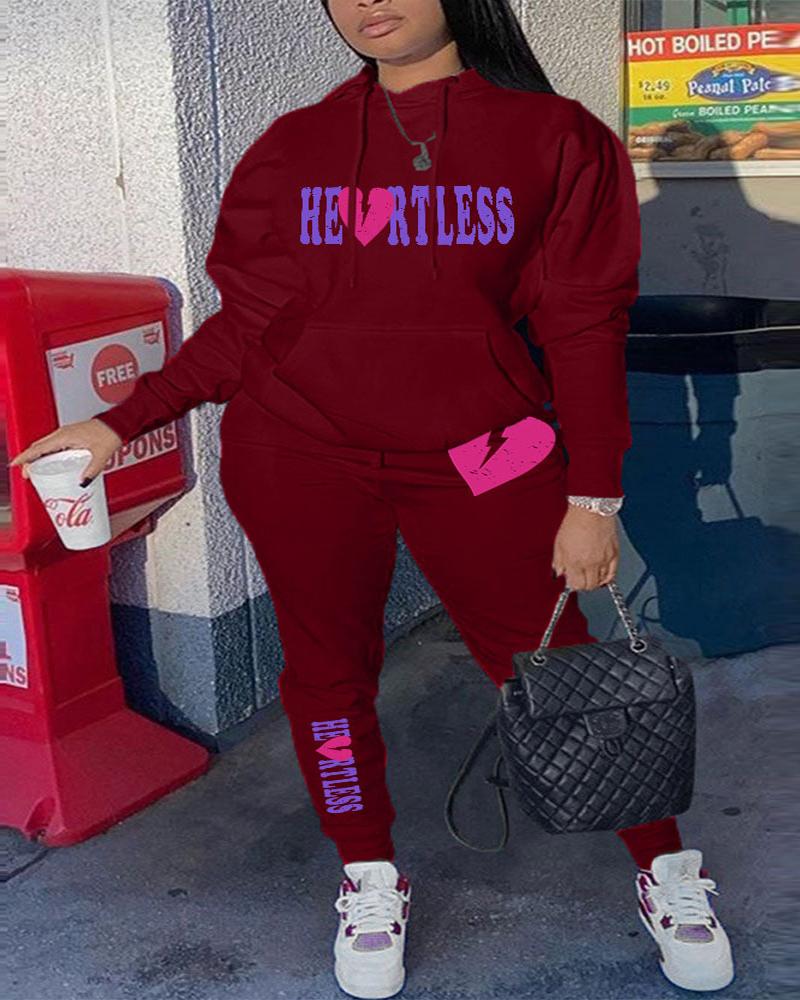 

Plus Size Letter Heart Print Casual Hoodie & Pants Set, Wine red