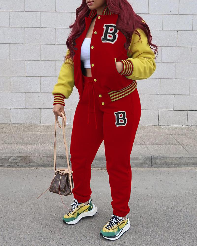 

Colorblock Letter Pattern Baseball Jacket & Drawstring Pants Set, Red