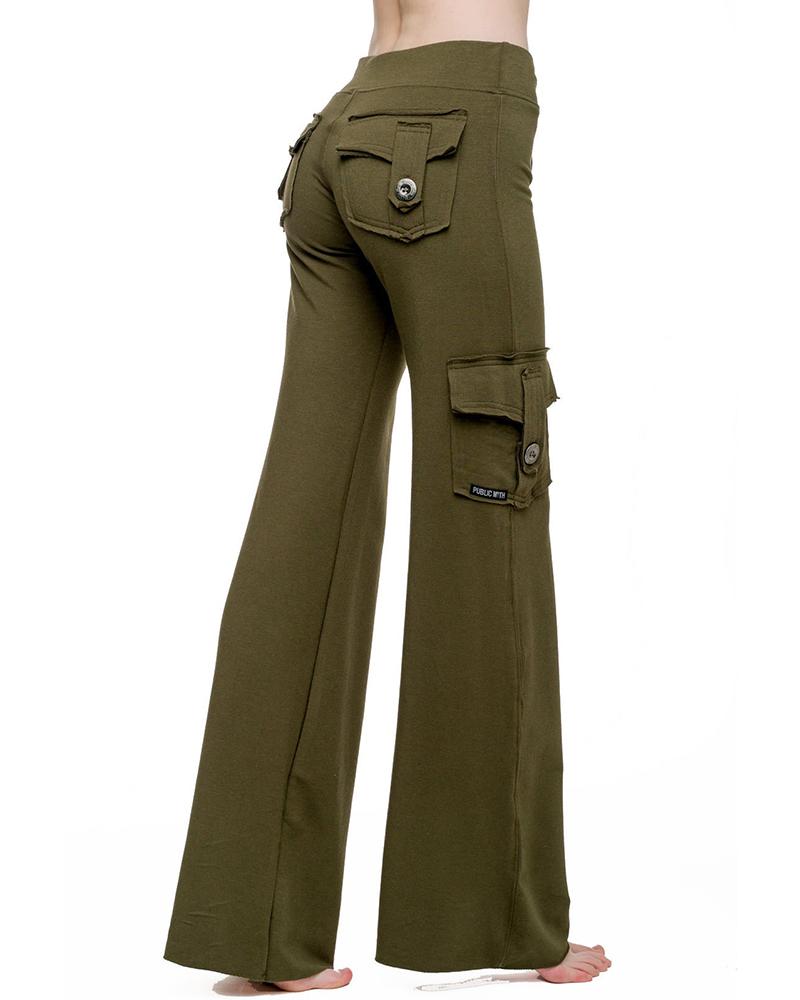 

Drawstring Pocket Design Flared Pants, Army green