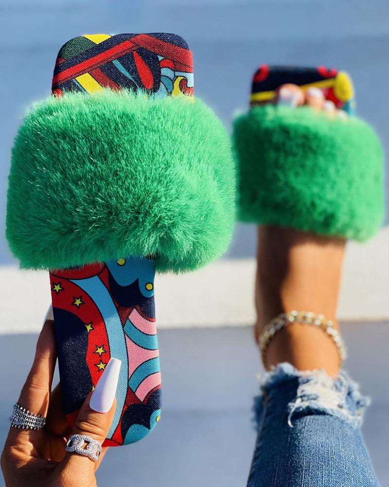 

Graphic Print Fluffy Strap Square Toe Slipper, Green