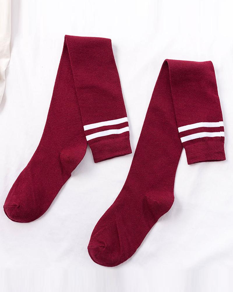 

1Pair Striped Over Knee Socks, Wine red