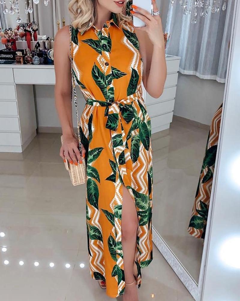 

Tropical Print High Slit Maxi Dress, Yellow