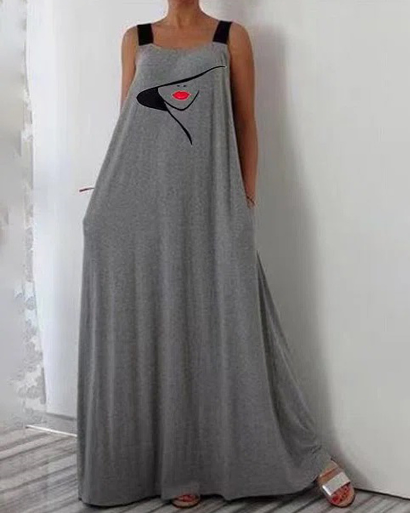 

Figure Print Casual Tank Dress, Gray
