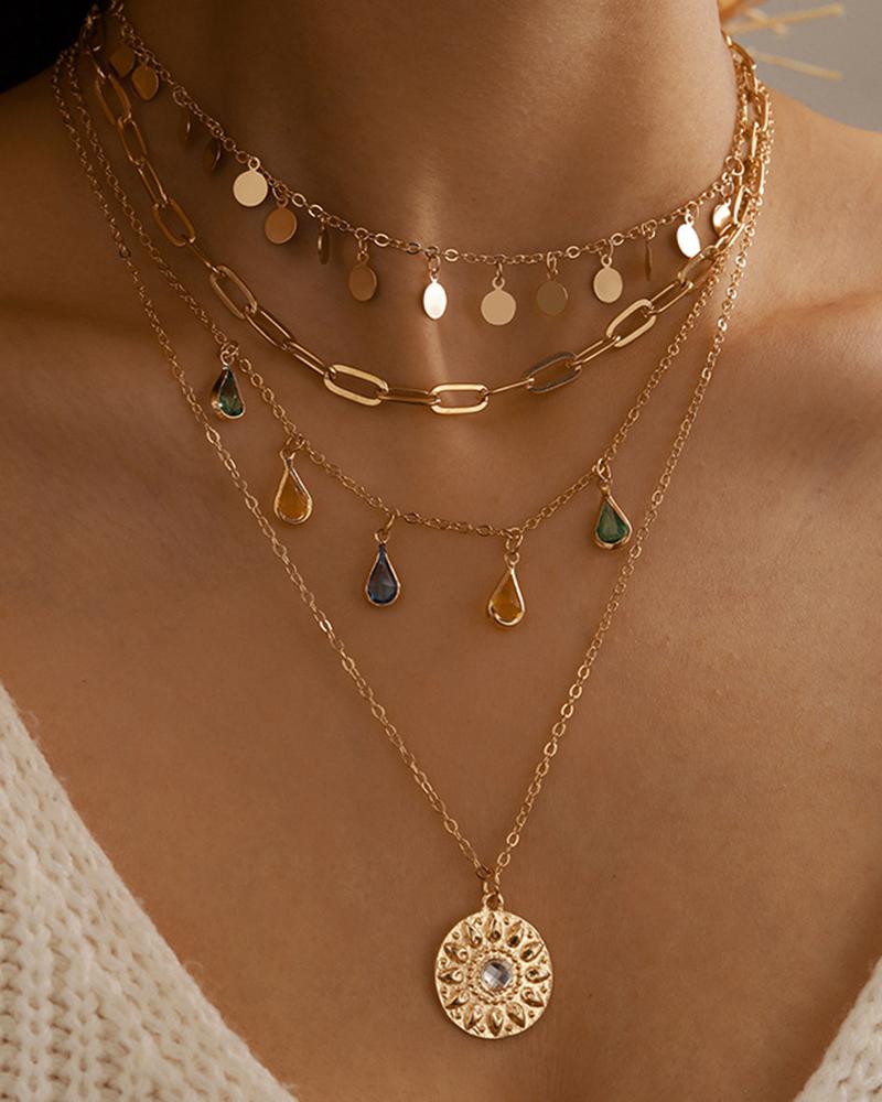 

1pcs Multi-layer Crystal Tassel Disc Pendent Necklace, Gold