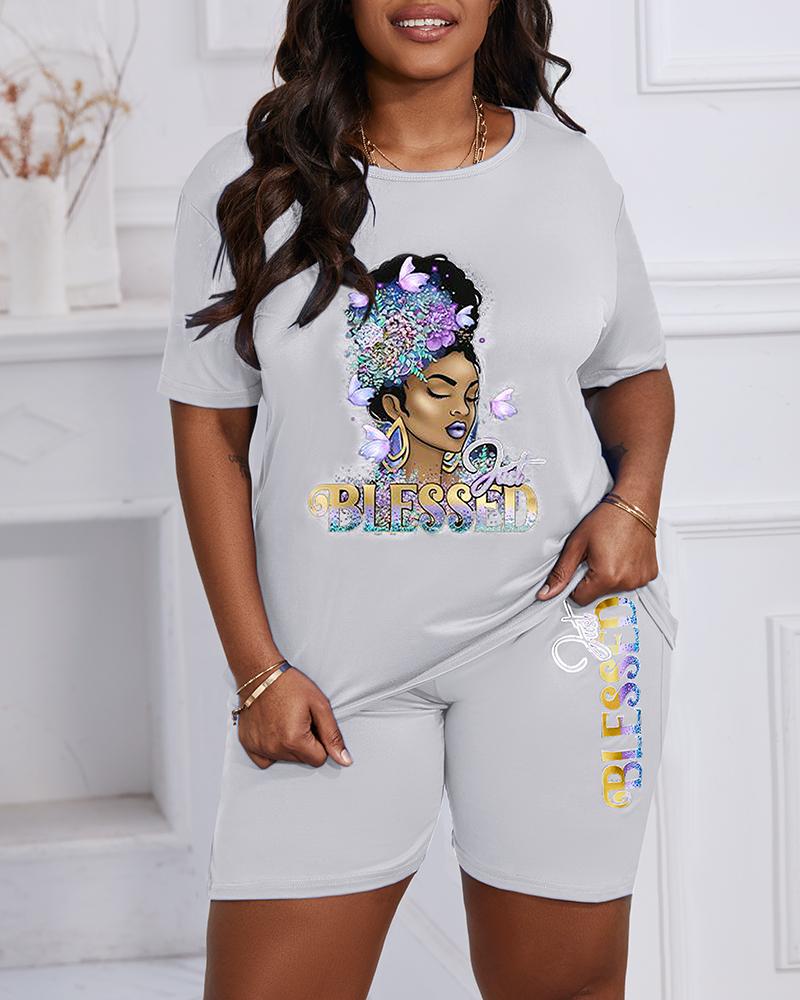 

Plus Size Just Blessed Figure Print Casual T-shirt & Shorts Set, Gray
